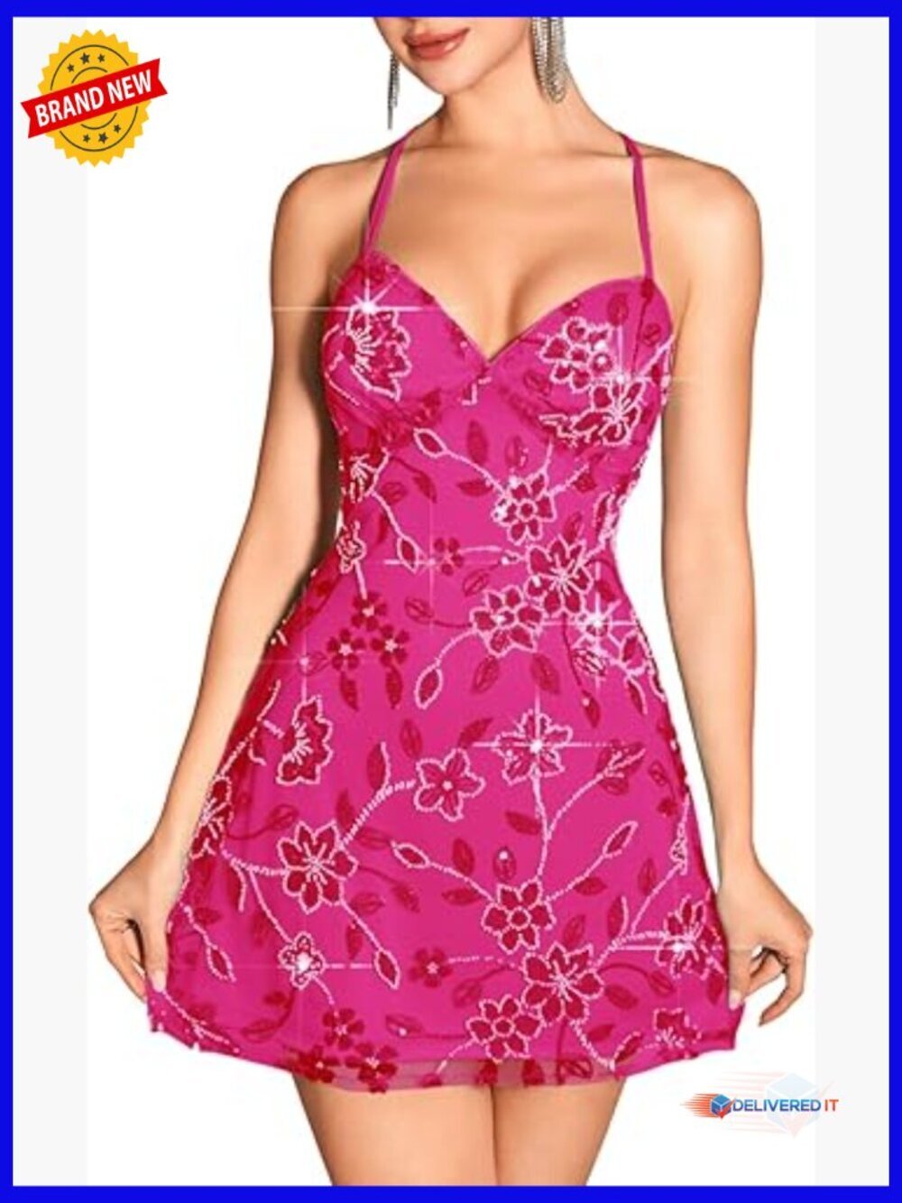 Beaded Sequin Mini Dress, Backless Halter Bodycon for Cocktail Party